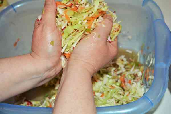 Mediterranean Cabbage Salad Recipe-Squeezing the Salad Ingredients