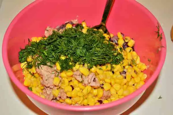 Tuna Corn Salad Recipe-Chopped Dill on the Tuna Salad