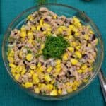 Tuna Corn Salad Recipe Served in Bowl and With a Glass of Beer