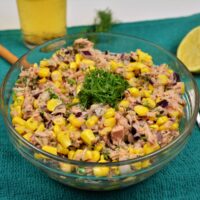 Tuna Corn Salad Recipe-Served in Bowl and With a Glass of Beer