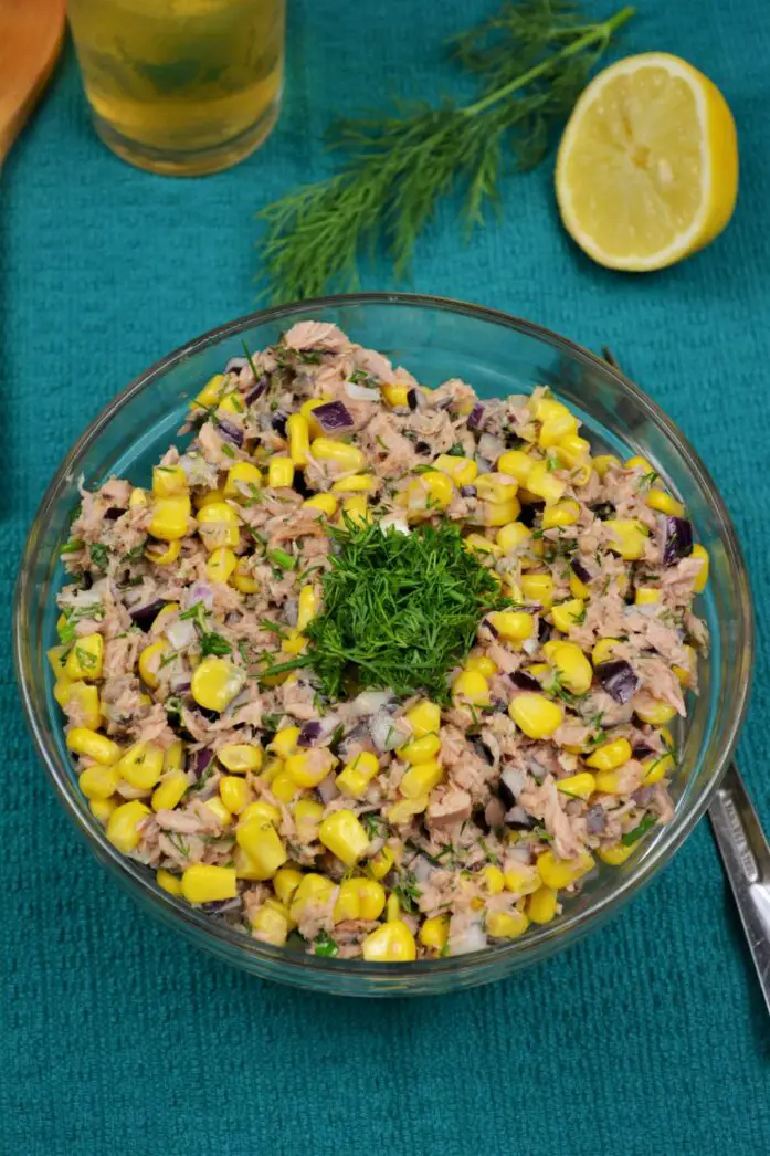 Tuna Corn Salad Recipe-Served in Bowl and With a Glass of Beer