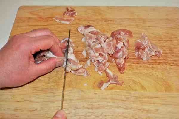 Turkey Cabbage Stew Recipe-Cutting Bacon in Small Pieces