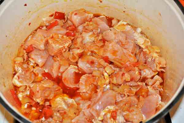 Turkey Cabbage Stew Recipe-Frying Turkey Fillet Cut in Cubes With Vegetables in the Pot