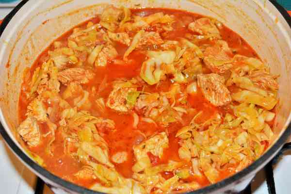 Turkey Cabbage Stew Recipe-Simmering Turkey and Cabbage Stew in the Pot