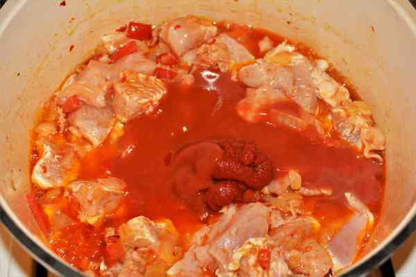 Turkey Cabbage Stew Recipe-Tomato Puree and Tomato Passata on the Frying Turkey Fillet