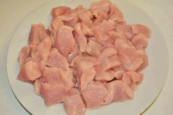 Turkey Cabbage Stew Recipe-Turkey Fillet Cut in Cubes on the Plate