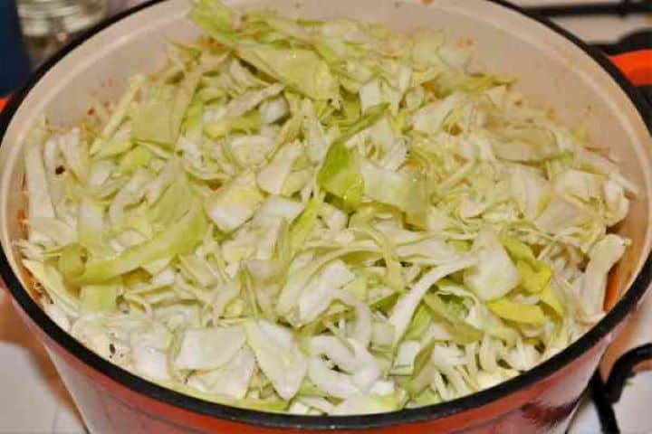 Turkey Cabbage Stew Recipe-Add Sliced Cabbage on the Turkey Stew Piling shredded white cabbage into the pot over the simmering turkey.