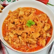 Turkey cabbage stew recipe served in a bowl with sour cream and fresh dill.