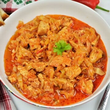 Turkey cabbage stew recipe served in a bowl with sour cream and fresh dill.