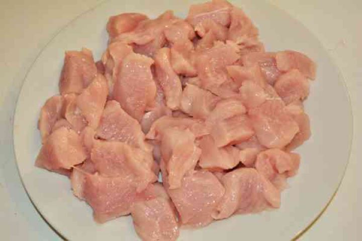 Turkey Cabbage Stew Recipe-Turkey Fillet Cut in Cubes on the Plate Raw turkey meat cut into bite-sized cubes on a white plate.