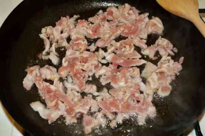 Stuffed Aubergines Recipe-Frying the Chopped Bacon in the Pan Frying the Chopped Bacon in the Pan