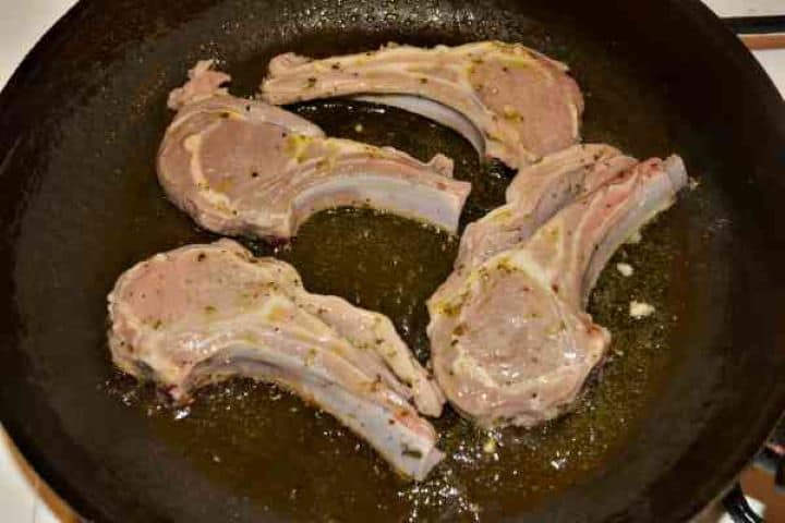 Greek Lamb Chops Recipe-Frying Lamb Chops in the Pan Searing Greek lamb chops in a hot non-stick skillet with olive oil to build a golden brown crust.