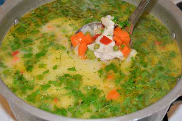 Creamy Chicken Soup With Vegetables-Finished Chicken and Vegetables Soup in the Pot Ready to Serve