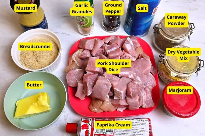 Meatloaf Pate Recipe-Pork Meat, Turkey Wings and Vegetables Hungarian Pork Meat Spread Ingredients on the Table