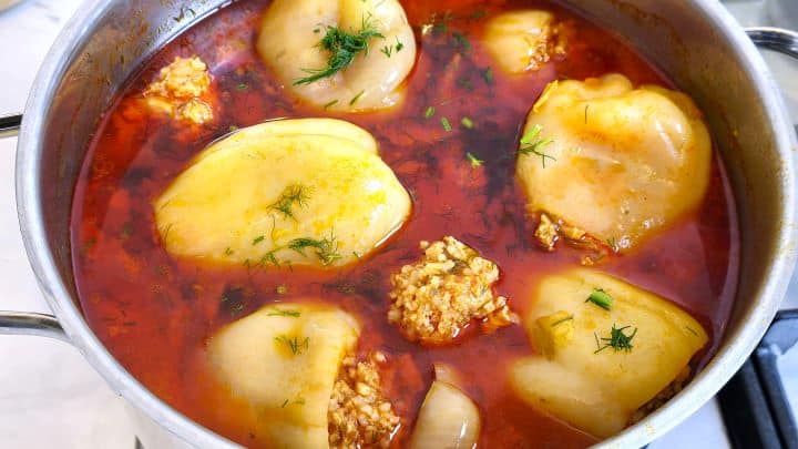 Hungarian Stuffed Peppers-Add Remaining Filling Balls in the Simmering Stuffed Peppers Cooked Stuffed Peppers Ready to Serve in the Pot