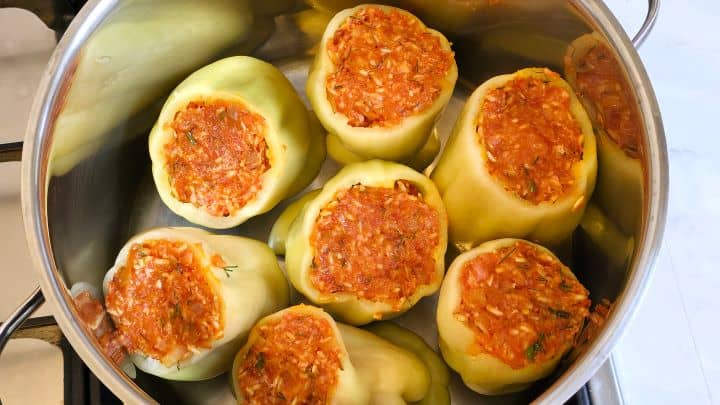 Hungarian Stuffed Peppers-Stuffed Peppers in the Pot Ready to Cook Stuffed Peppers in the Pot