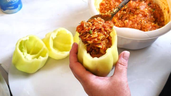 Hungarian Stuffed Peppers-Stuffing the Pepper With a Spoon Stuffing the Pepper With a Spoon