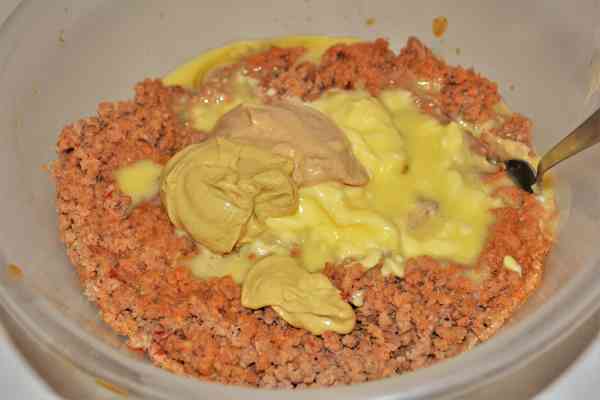 Meatloaf Pate Recipe-Melted Butter and Mustard on Minced Ingredients in the Bowl