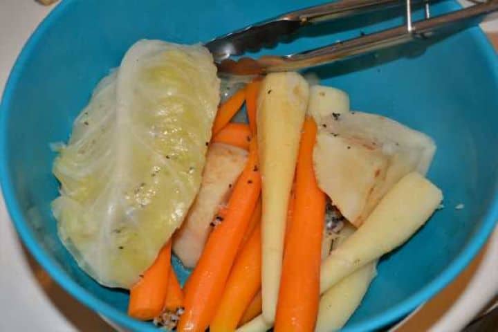 Semolina Dumplings Soup-Boiled Vegetables in the Bowl Tender boiled carrots, parsley root, and celery root lifted out of the strained broth.
