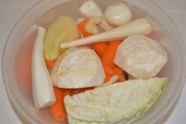 Semolina Dumplings Soup-Cleaned and Peeled Vegetables in the Bowl