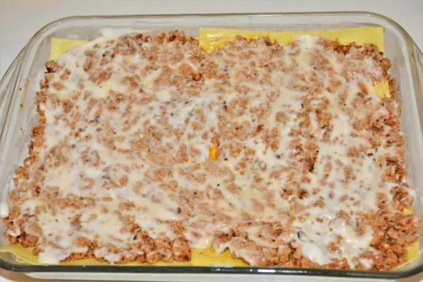 Turkey Lasagna With White Sauce-Cheese Sauce on the Second Filling Layer in the Baking Tray