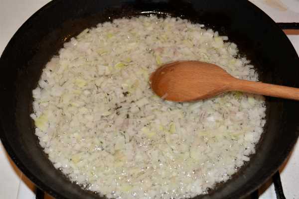 Turkey Lasagna With White Sauce-Frying Chopped Onions in the Frying Pan