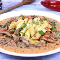 Hungarian Mushroom Paprikash-Served on Plate With Penne Pasta