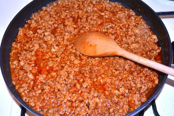 Layered Sauerkraut Casserole-Cooked Pork Mince in the Pan