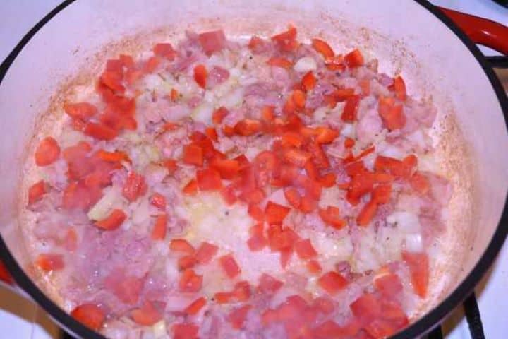 Hungarian Mushroom Paprikash-Frying Chopped Bacon, Onion and Pepper in the Pan Frying Chopped Bacon, Onion and Pepper in the Pan