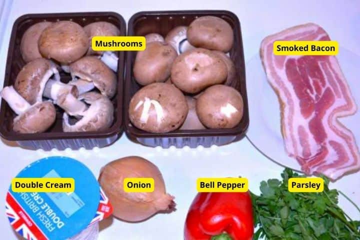 Hungarian Mushroom Paprikash-Mushrooms, Bacon, Onion, Bell Pepper, Sour Cream and Parsley Mushroom Paprikas Ingredients on the Table