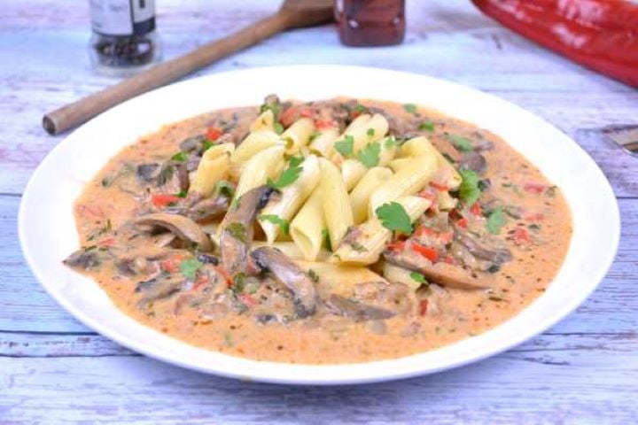 Hungarian Mushroom Paprikash-Served on Plate With Penne Pasta Mushroom Paprikas Served on Plate With Penne Pasta