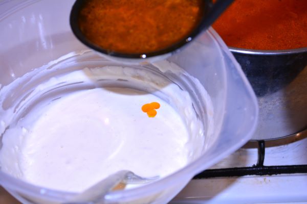 Tripe Soup Recipe-Adding Hot Soup to the Thickener