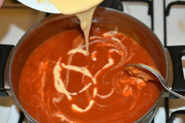 Hungarian Tomato Soup-Pouring the Batter in the Tomato Soup