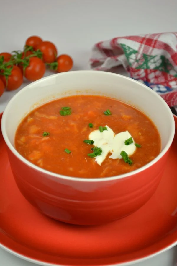Hungarian Tomato Soup-Served in Bowl With Sour Cream and Chopped Chives