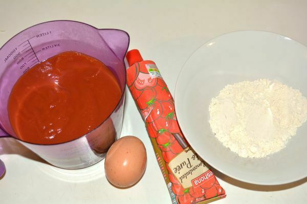 Hungarian Tomato Soup-Tomato Passata, Tomato Paste, Egg and Flour on the Table