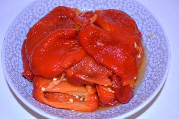 Marinated Roasted Red Peppers-Peeled Roasted Peppers in the Bowl