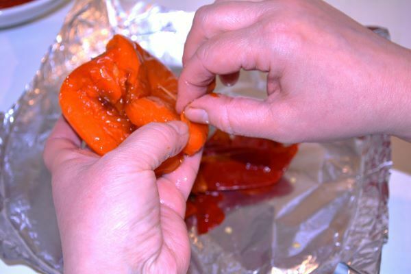 Marinated Roasted Red Peppers-Peeling the Roasted Red Bell Peppers