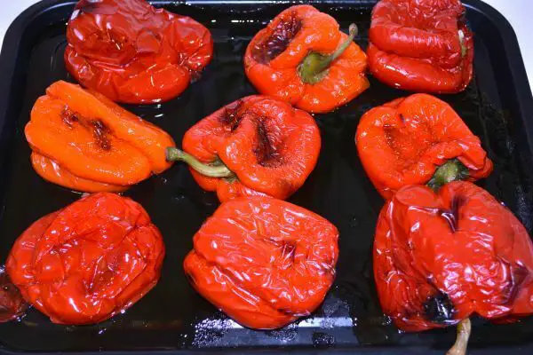Marinated Roasted Red Peppers-Roasted Red Bell Peppers in the Baking Sheet