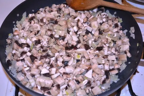 Stuffed Turkey Tenderloin Recipe-Frying Mushrooms and Chopped Onion in the Frying Pan