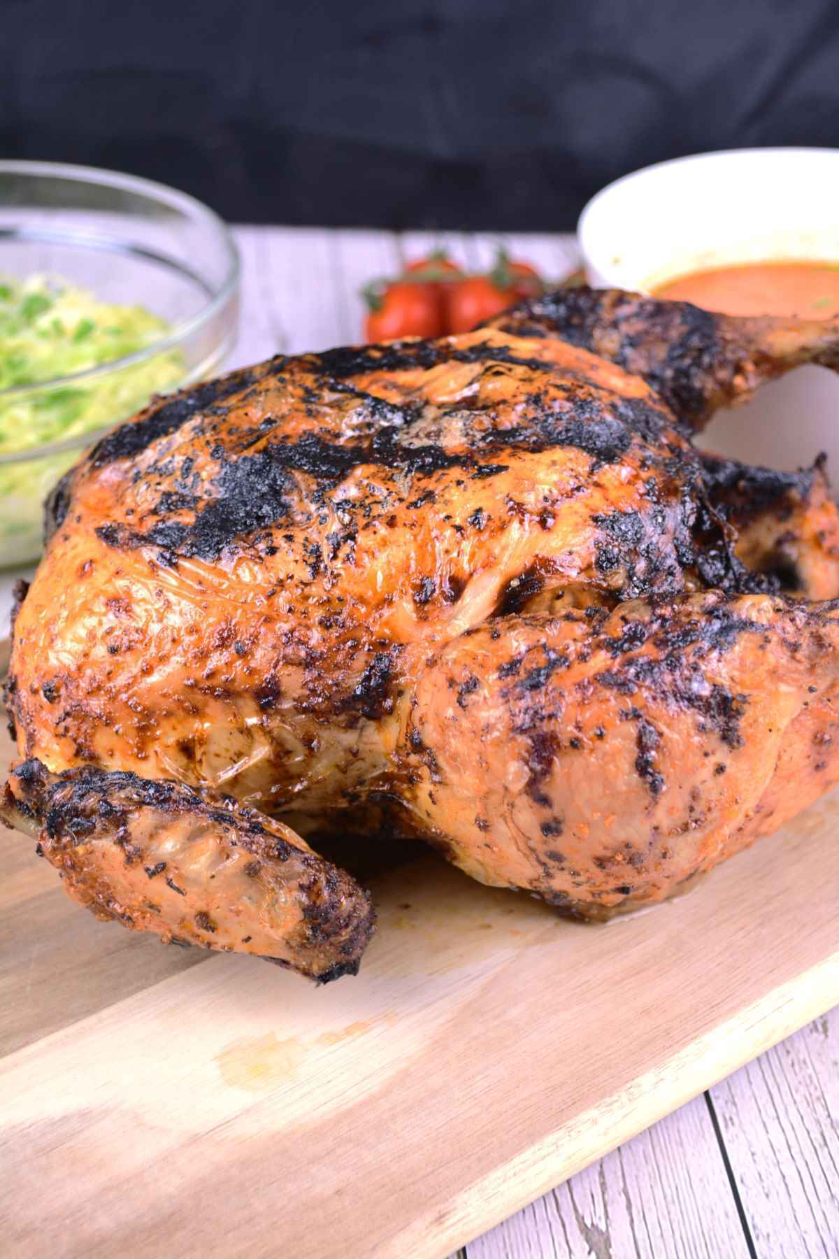 Cosori Air Fryer Whole Chicken-Served on the Chopping Board With Cabbage Salad and Garlic Sauce
