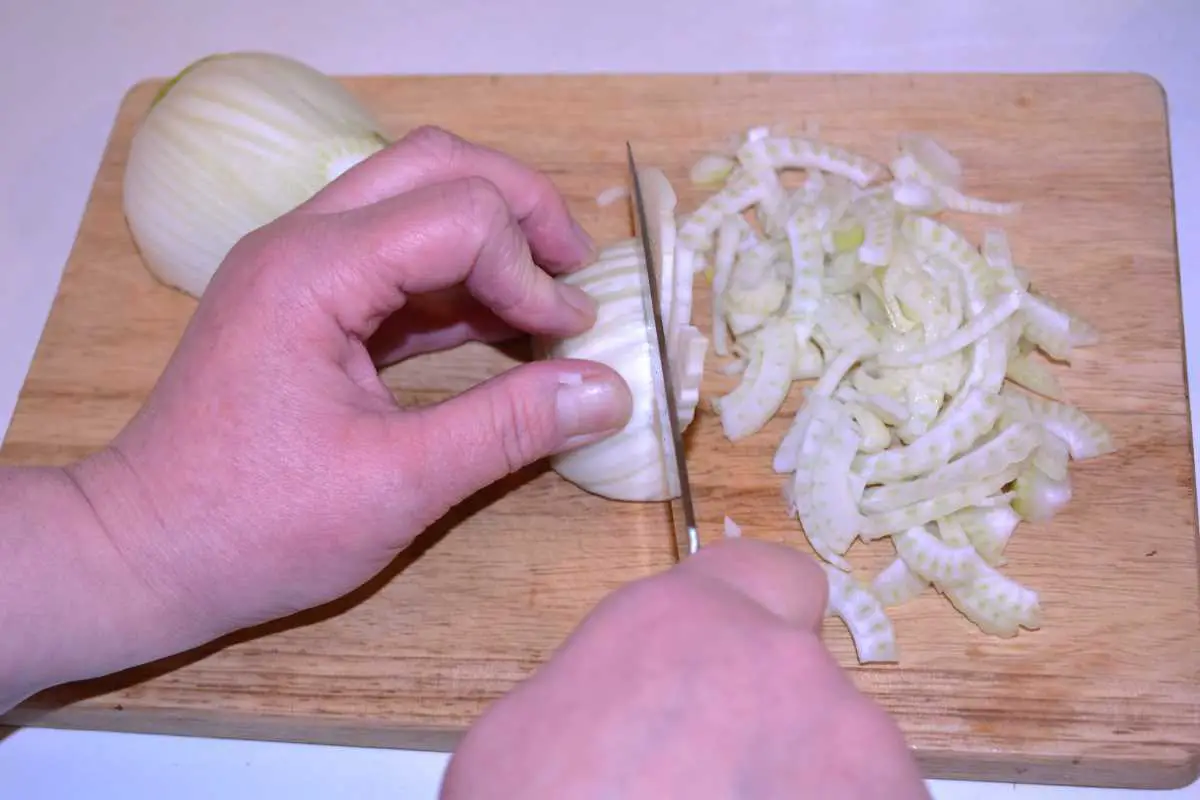 Frozen Mussels Recipe-Slicing Fennel on Chopping Board