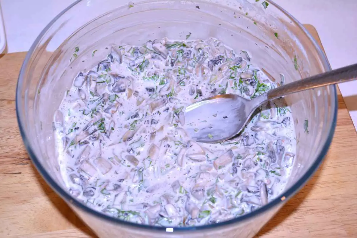 Mushroom Salad With Mayonnaise-Ready to Serve in the Glass Bowl