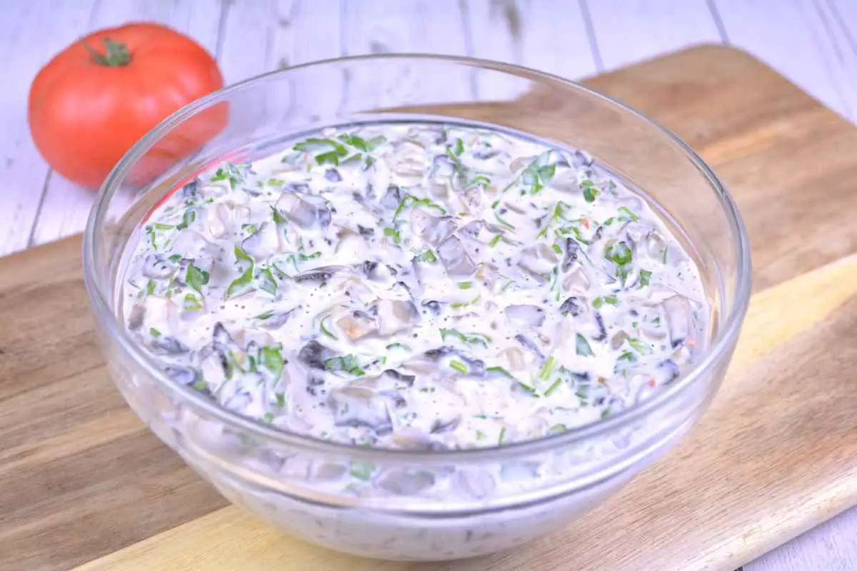 Mushroom Salad With Mayonnaise-Served in a Glass Bowl