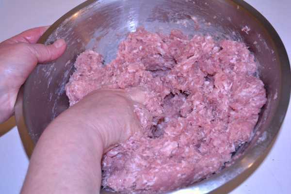 Skinless Sausages-Hand Mixing Mince and Pork Lard in the Bowl