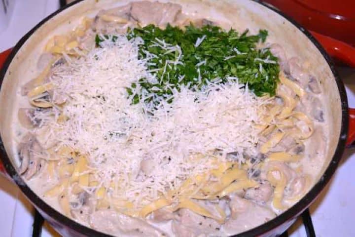Seasoning Grated Parmesan and Chopped Parsley on the Chicken Alfredo
