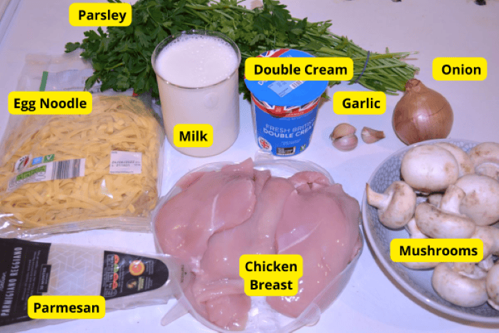 Ingredients Chicken and Mushroom Alfredo Ingredients on the Table