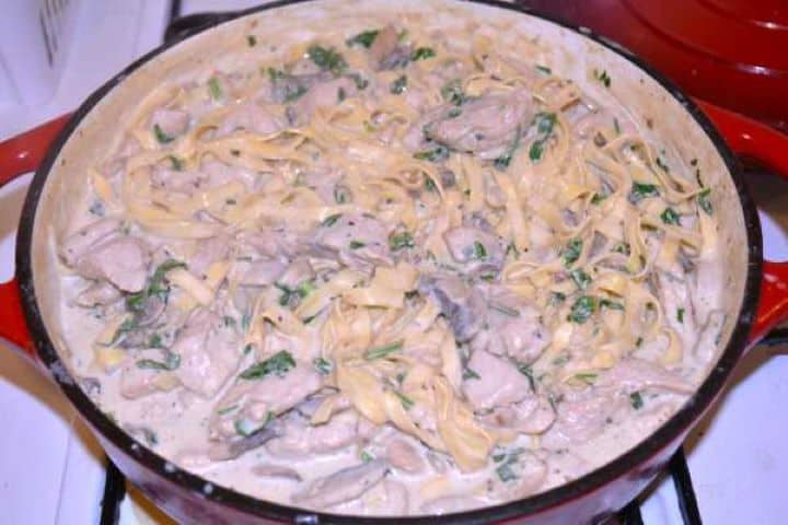 Ready Creamy Chicken and Mushroom Alfredo Ready to Serve in the Pan