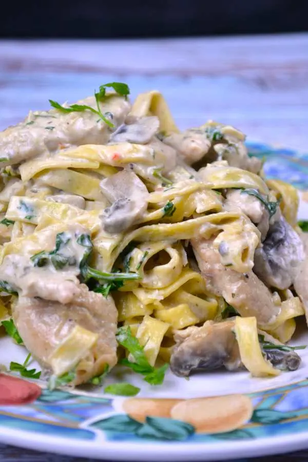 Chicken and Mushroom Alfredo-Served on Fruit Coloured Plate With a Fork