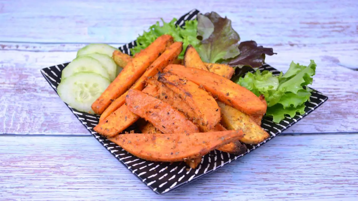 Air Fryer Sweet Potato Wedges-Served on Plate With Cucumber and Lettuce