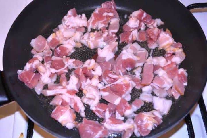 Frying Bacon Sautéing diced smoked bacon in a non-stick frying pan over medium heat.